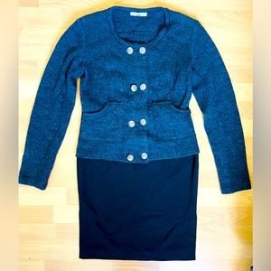 CAbi Gray Wool Button front Dress Sweater and Skirt Suit Outfit